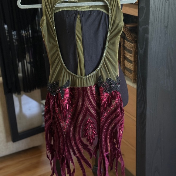 🫒Custom Patrick J Olive Green & Burgundy Dance Costume with Unique Fringe Skirt - Picture 4 of 9